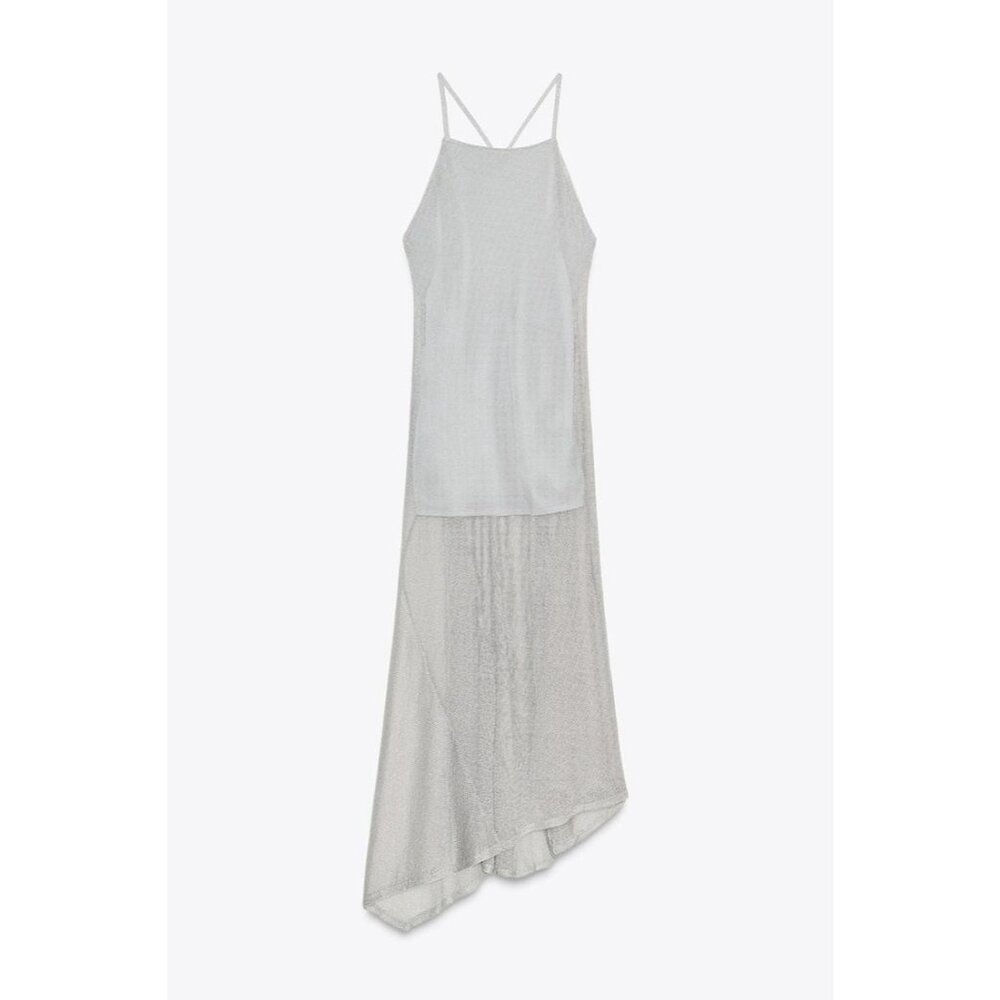 Zara Womens Metallic Thread Midi Dress Medium Silver Straight Neck 1131/821 NWT - Picture 4 of 16